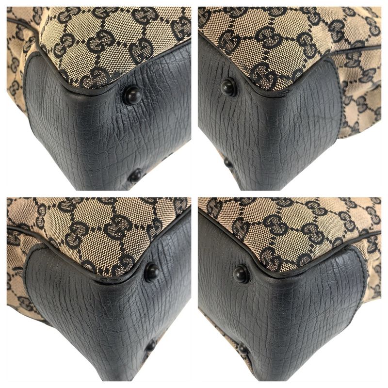 Gucci Bamboo Black Gray GG Canvas Leather Tote Shoulder Bag