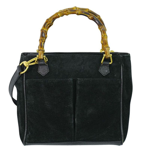 Authentic Gucci Bamboo 2WAY Shoulder Bag Handbag Pochette Suede Leather Black
