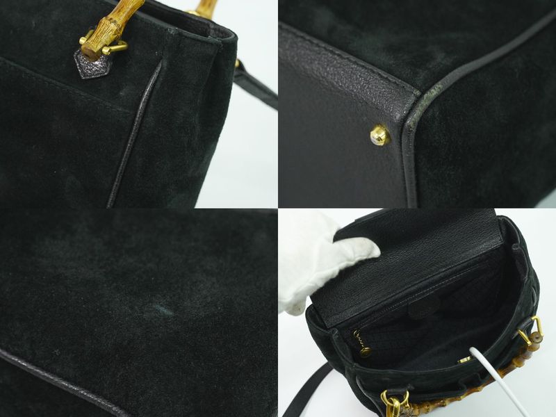 Authentic Gucci Bamboo 2WAY Shoulder Bag Handbag Pochette Suede Leather Black