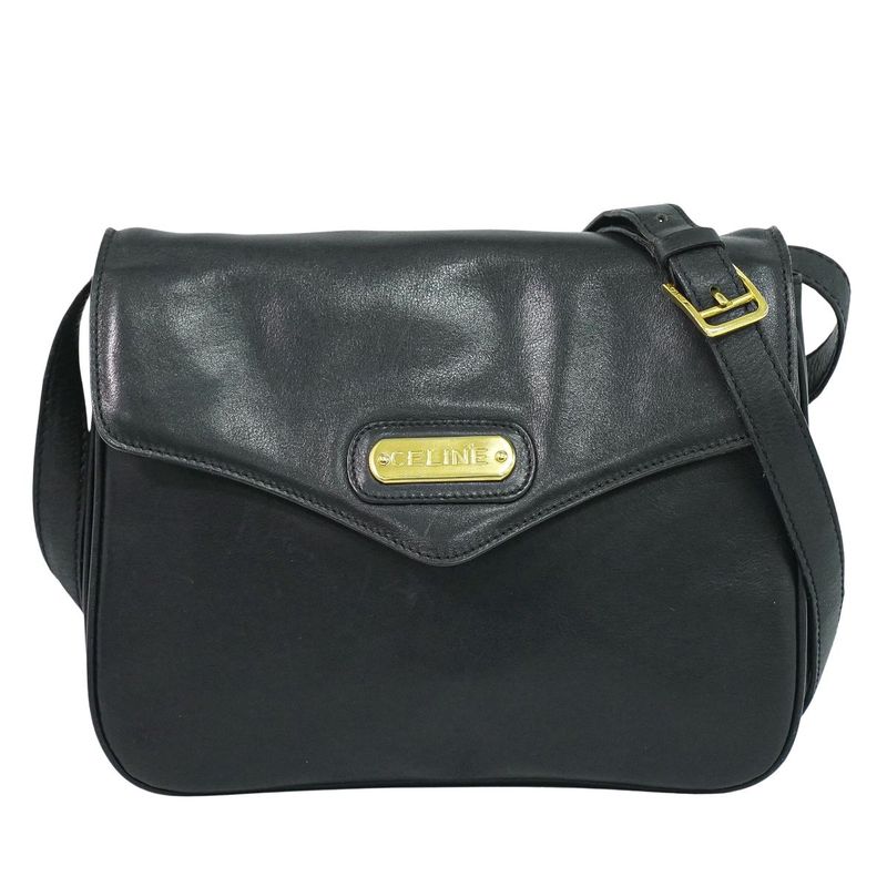 Authentic Celine Leather Shoulder Bag Pochette Black Bag Used-