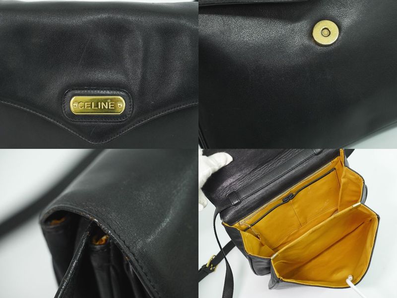 Authentic Celine Leather Shoulder Bag Pochette Black Bag Used-