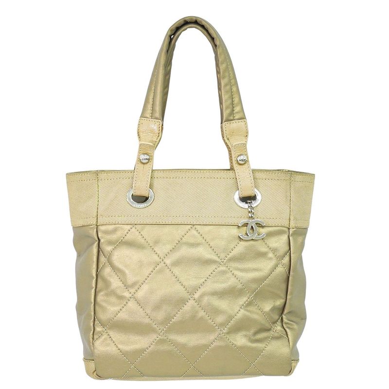 Authentic Chanel Paris Biarritz PM Tote Bag Handbag Coated Canvas Metallic Gold