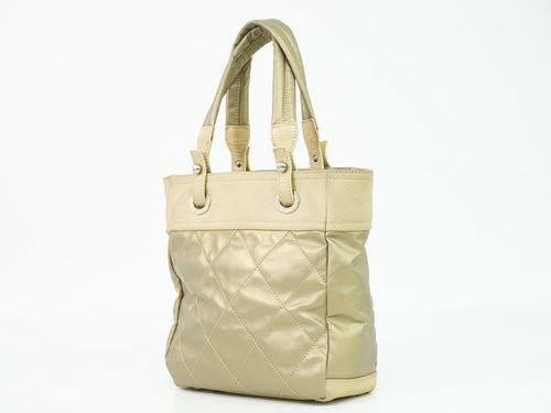 Authentic Chanel Paris Biarritz PM Tote Bag Handbag Coated Canvas Metallic Gold