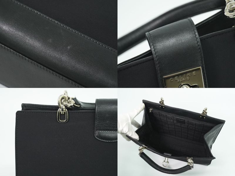 Authentic Celine Canvas Leather Handbag Black Bag Used-