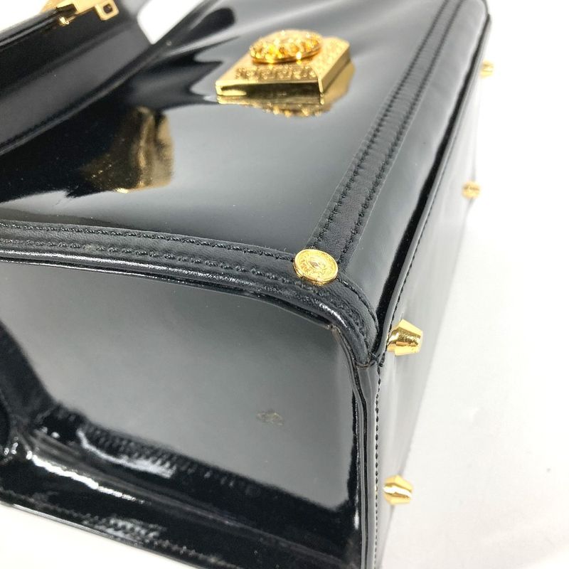 Versace Handbag Sunburst Logo Vanity Bag Patent Leather Black