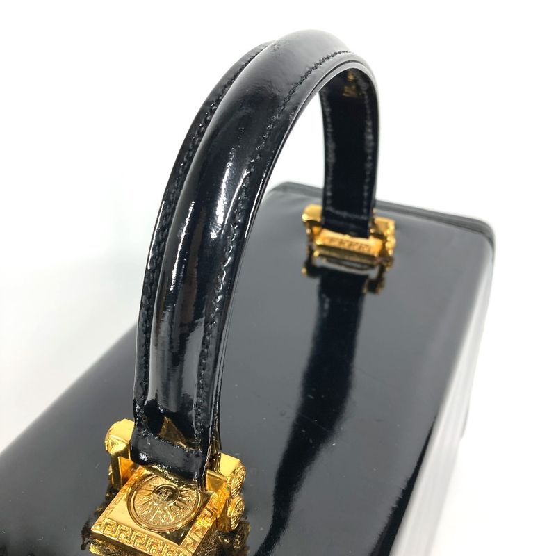 Versace Handbag Sunburst Logo Vanity Bag Patent Leather Black