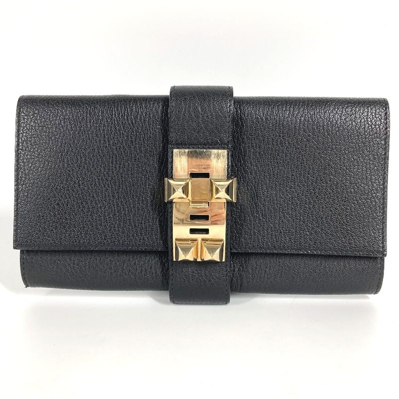 Hermes Clutch Bag Pochette Meddle Logo Leather Black