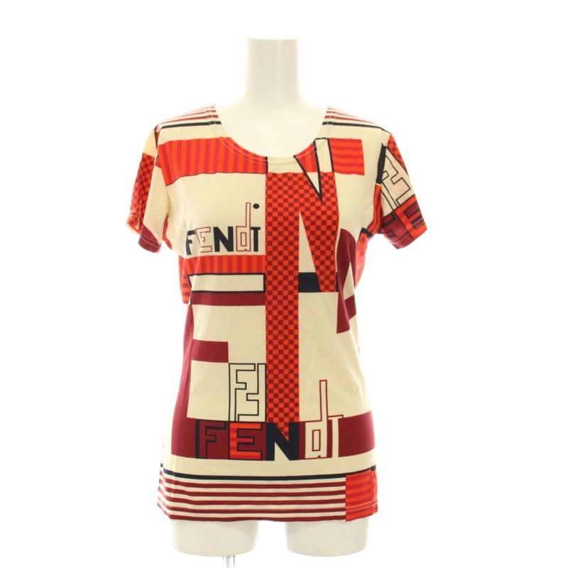 Fendi T-Shirt All Over Pattern Short Sleeve 44 Red Beige Black YM