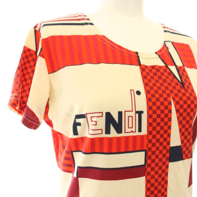 Fendi T-Shirt All Over Pattern Short Sleeve 44 Red Beige Black YM