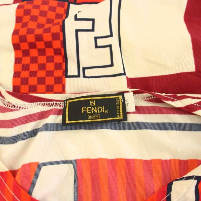 Fendi T-Shirt All Over Pattern Short Sleeve 44 Red Beige Black YM