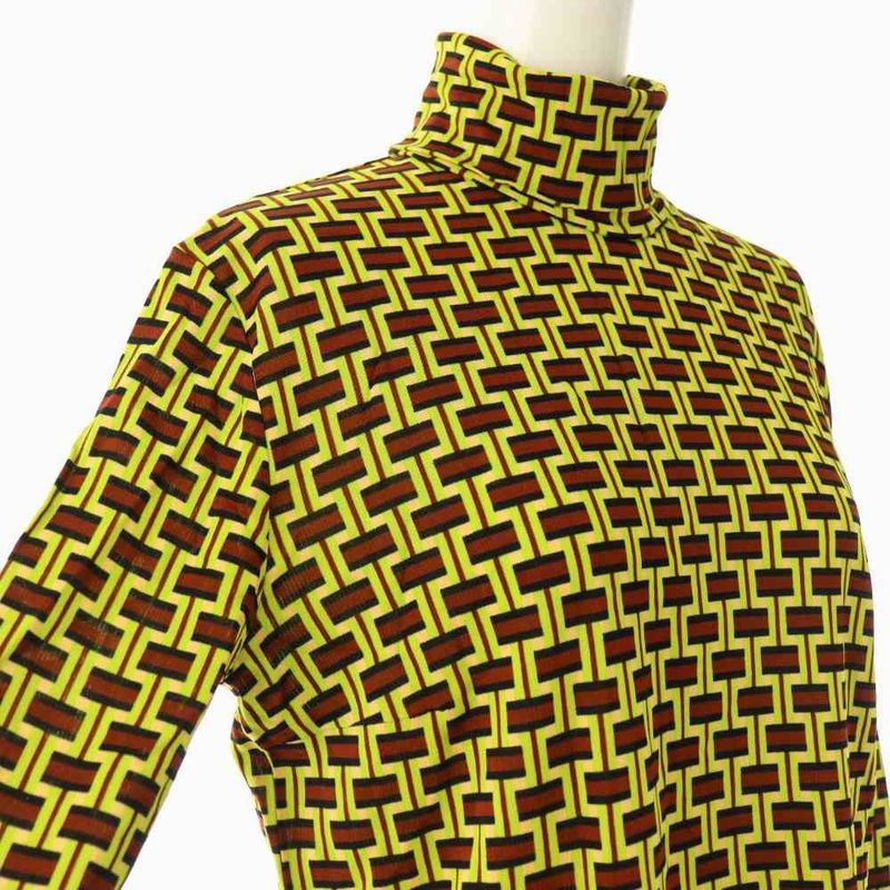 Prada High Neck Top Long Sleeve 40 Yellow Green Brown Beige Shoulder Bag