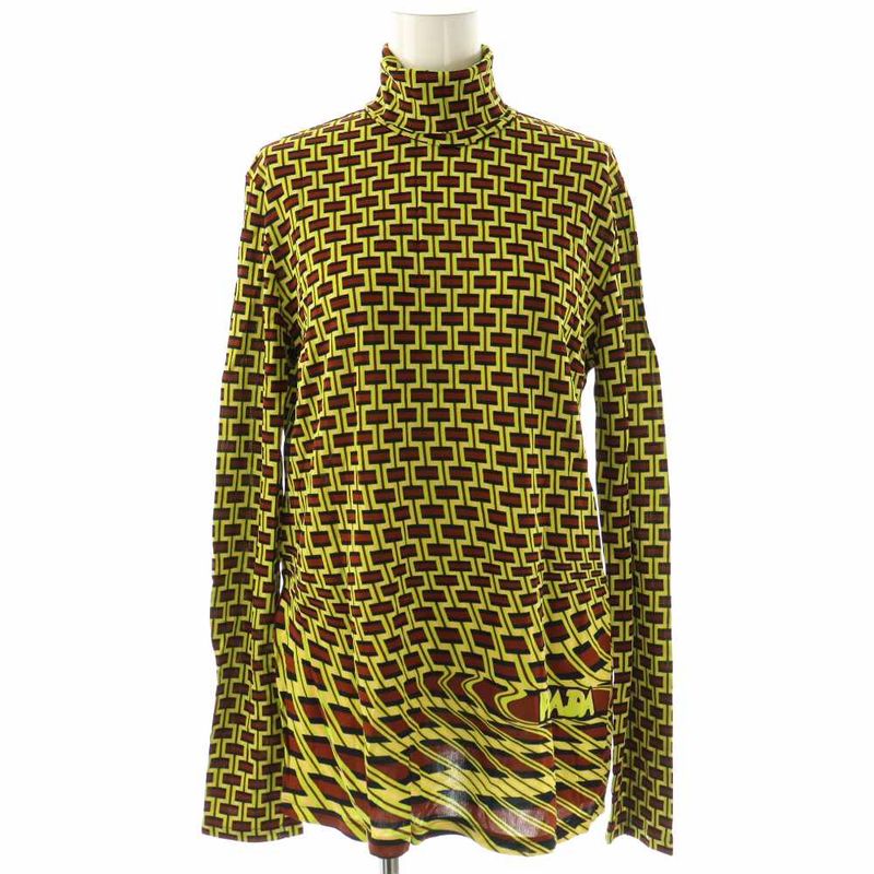 Prada High Neck Top Long Sleeve 40 Yellow Green Brown Beige Shoulder Bag