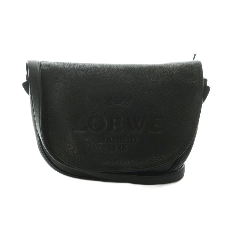 Loewe Heritage Satchel Shoulder Bag Leather Flap Logo Shape Press Black MI • OS