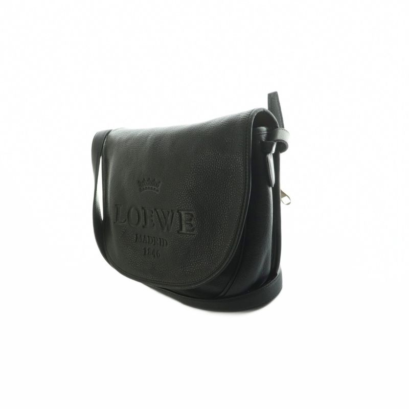 Loewe Heritage Satchel Shoulder Bag Leather Flap Logo Shape Press Black MI • OS