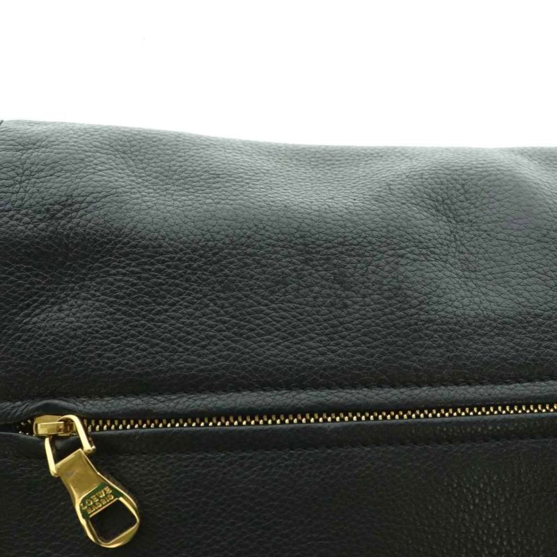 Loewe Heritage Satchel Shoulder Bag Leather Flap Logo Shape Press Black MI • OS