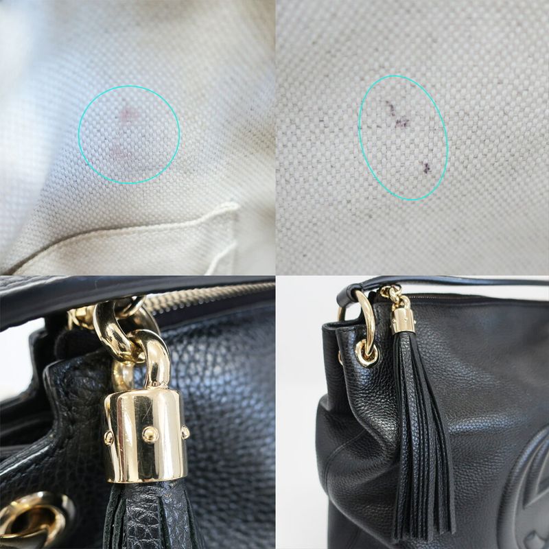 Gucci Soho Shoulder Bag Tote Fringe Black Gold