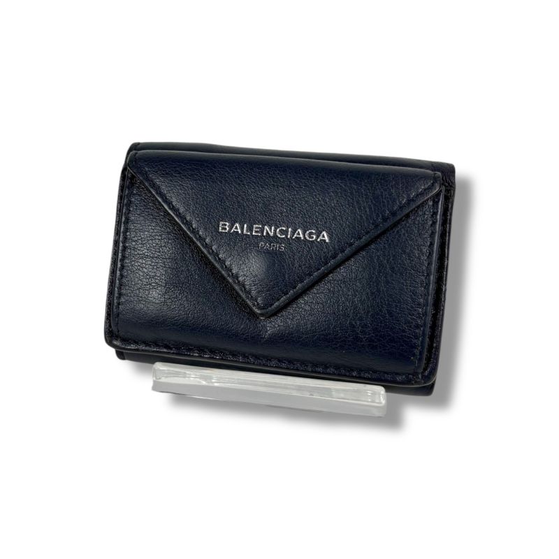 Balenciaga Paper Mini Wallet Trifold Navy Leather