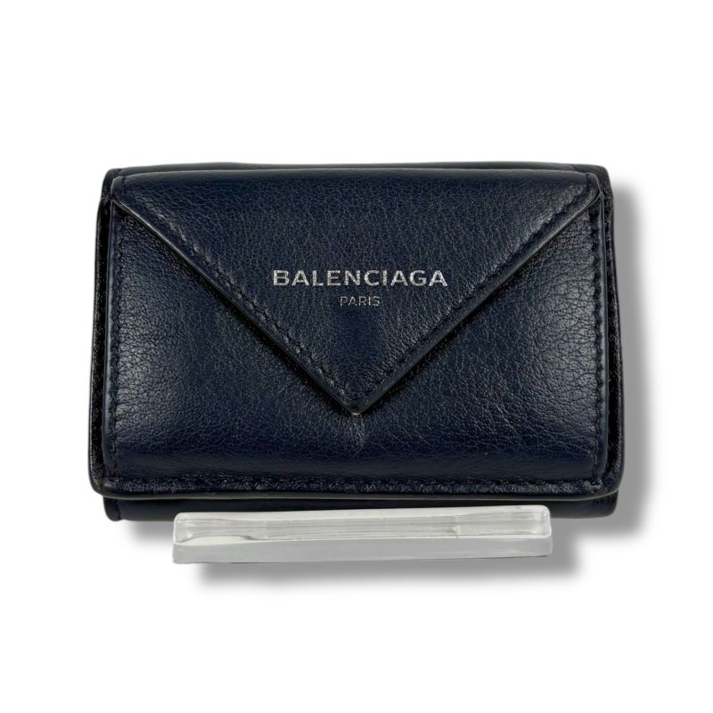 Balenciaga Paper Mini Wallet Trifold Navy Leather