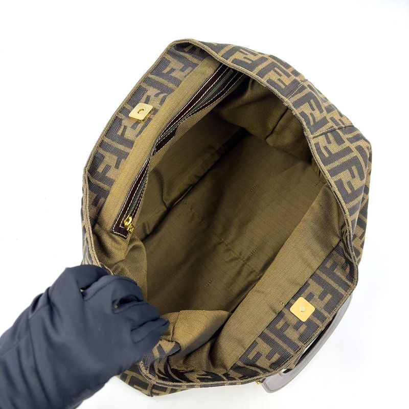 Fendi Zucca Pattern Handbag Leather Canvas Dark Brown Tote Gold