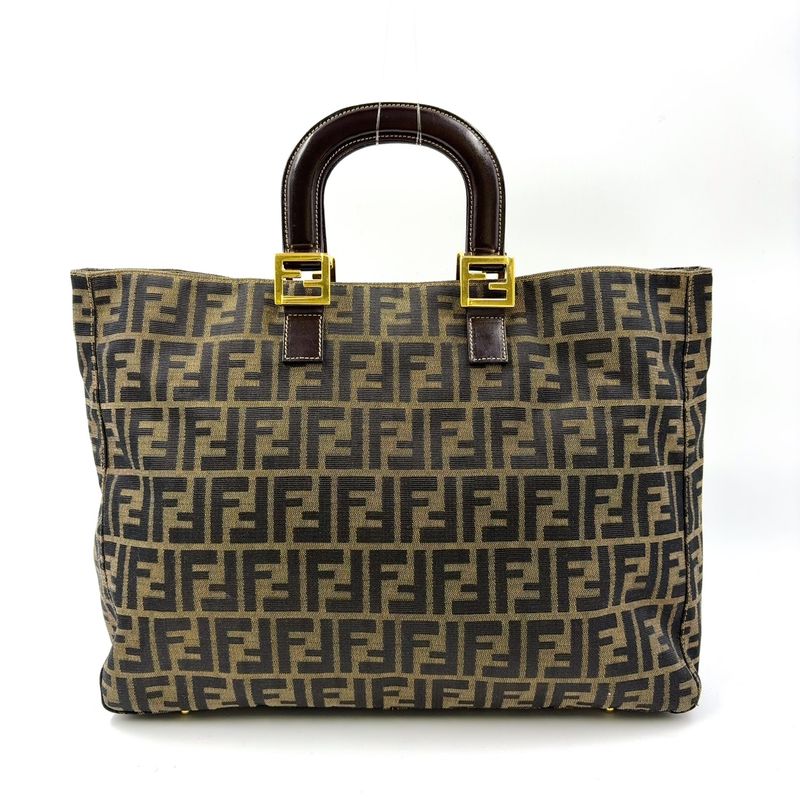 Fendi Zucca Pattern Handbag Leather Canvas Dark Brown Tote Gold