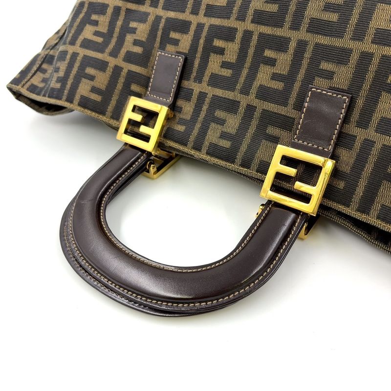 Fendi Zucca Pattern Handbag Leather Canvas Dark Brown Tote Gold