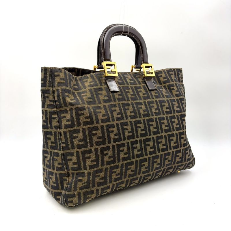 Fendi Zucca Pattern Handbag Leather Canvas Dark Brown Tote Gold