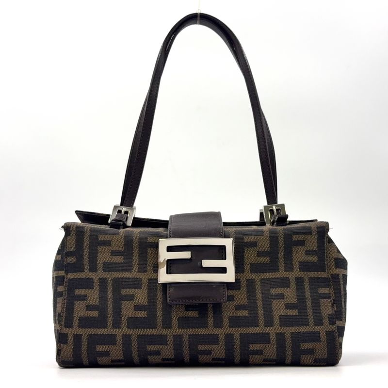 Fendi Zucca Pattern Square Leather × Canvas Brown × Beige Handbag Silver