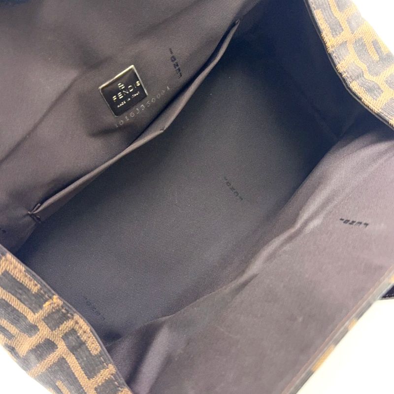 Fendi Zucca Pattern Square Leather × Canvas Brown × Beige Handbag Silver