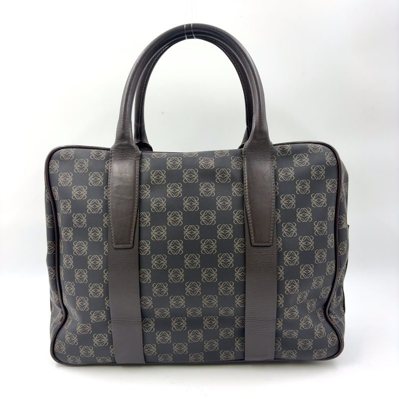 Loewe Anagram Pattern Leather Dark Brown Black Business Bag Silver
