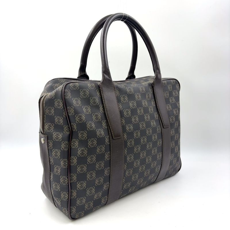 Loewe Anagram Pattern Leather Dark Brown Black Business Bag Silver