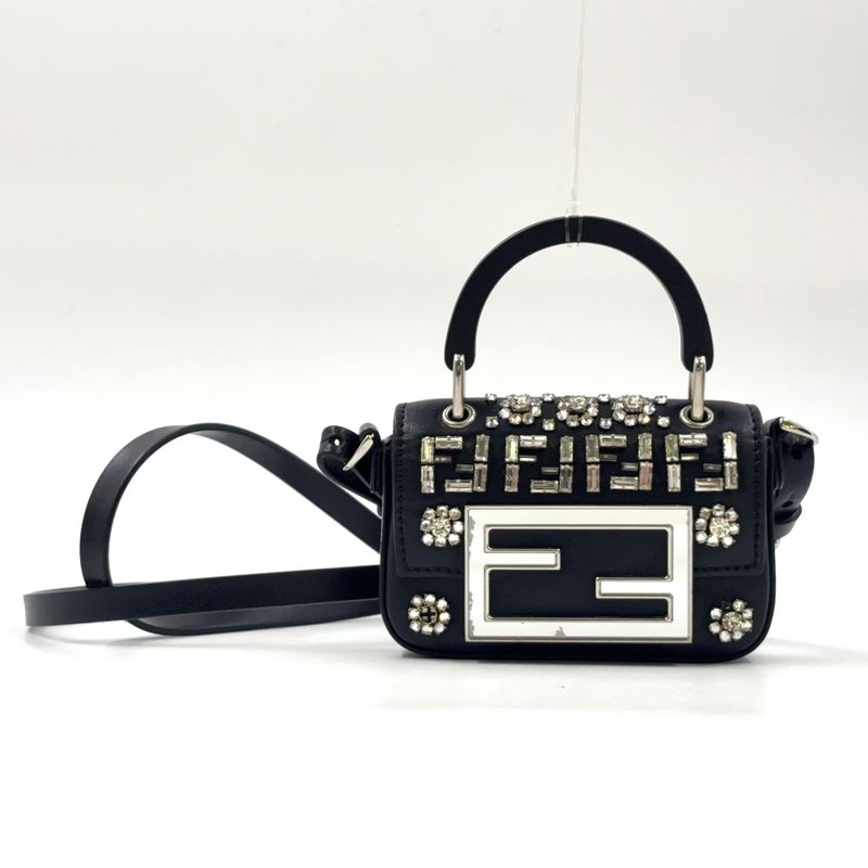Fendi Nano Bucket Logo Charm Leather Silver-×black Shoulder Bag Silver-