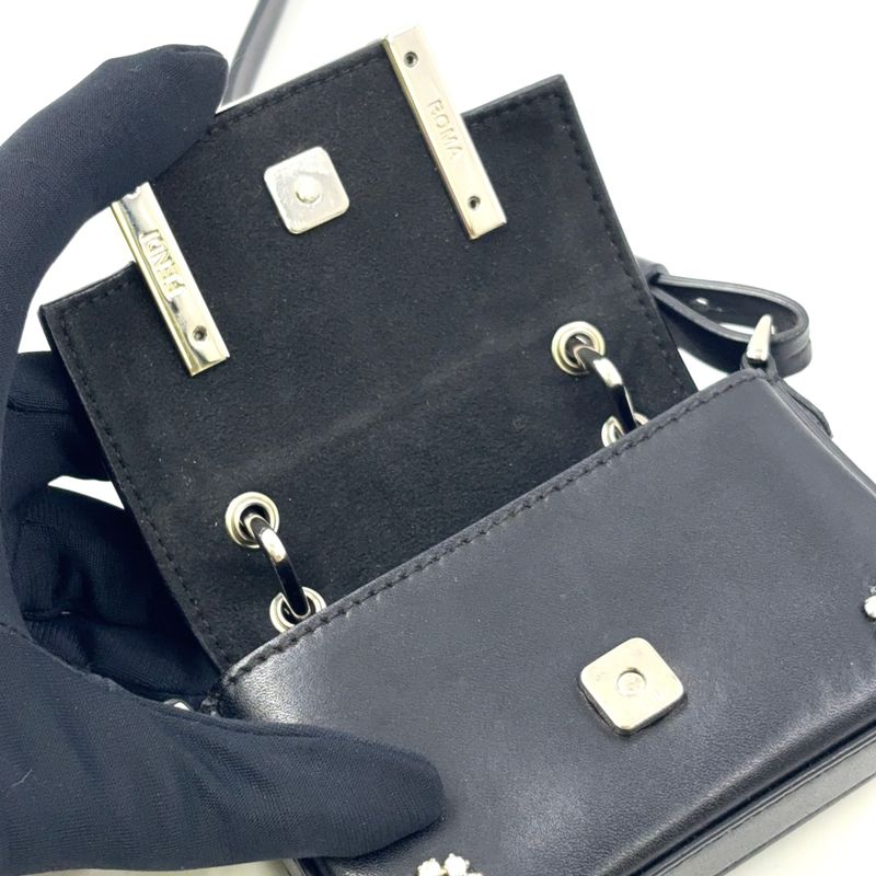 Fendi Nano Bucket Logo Charm Leather Silver-×black Shoulder Bag Silver-