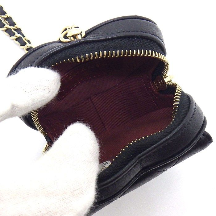 Chanel Shoulder Bag Quilted Heart Chain Mini Pouch Black Lambskin Gold