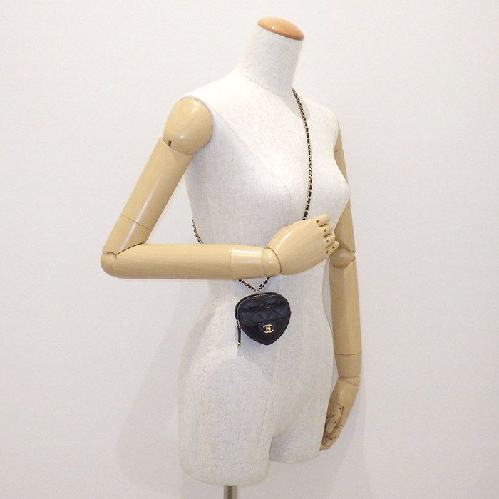 Chanel Shoulder Bag Quilted Heart Chain Mini Pouch Black Lambskin Gold