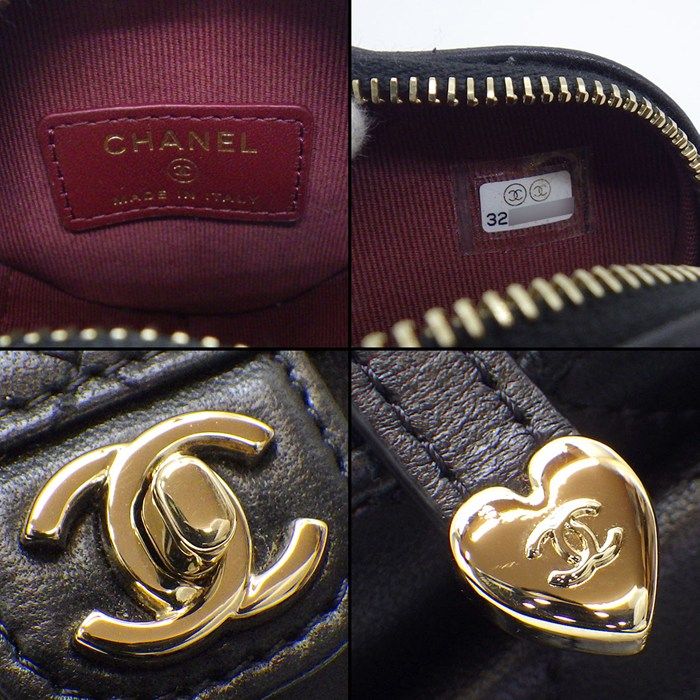 Chanel Shoulder Bag Quilted Heart Chain Mini Pouch Black Lambskin Gold