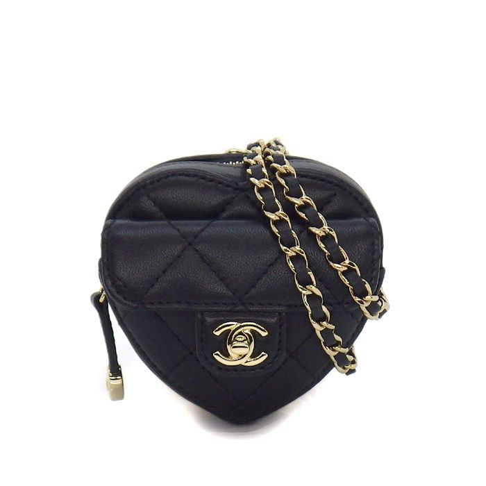 Chanel Shoulder Bag Quilted Heart Chain Mini Pouch Black Lambskin Gold