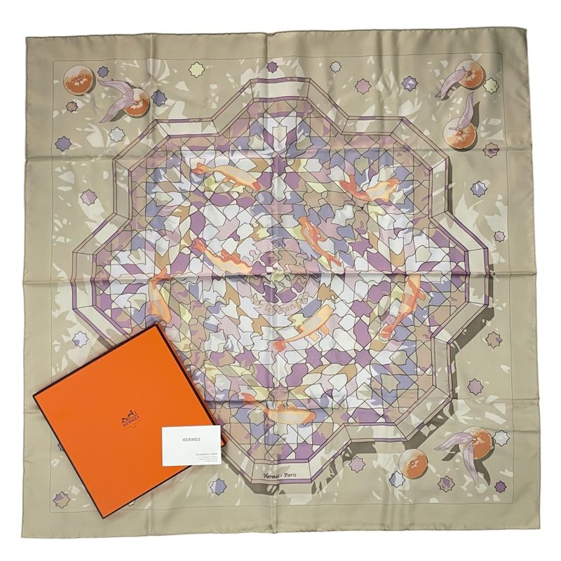 Hermes Scarf Silk Carre 90 Sous les Oranges Under the Orange Tree Beige
