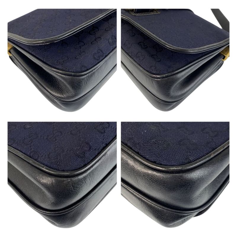 Gucci Vintage Navy Gold GG Canvas Leather Shoulder Bag Pochette