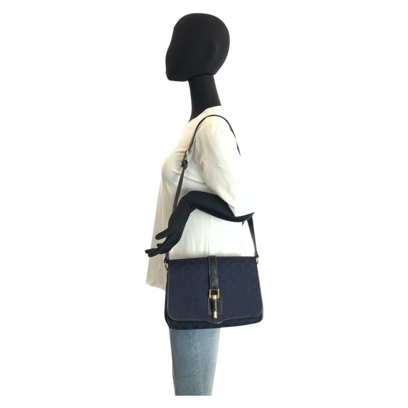 Gucci Vintage Navy Gold GG Canvas Leather Shoulder Bag Pochette