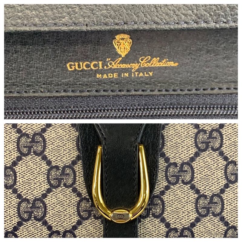 Gucci Vintage Gray Navy Gold GG Supreme Canvas Shoulder Bag Pochette