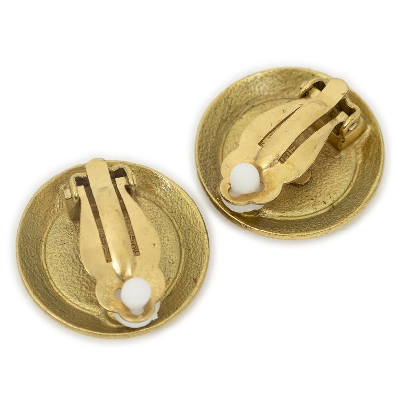Chanel CC Enamel Button Clip on Earrings Black Gold Plated
