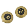 Chanel CC Enamel Button Clip on Earrings Black Gold Plated