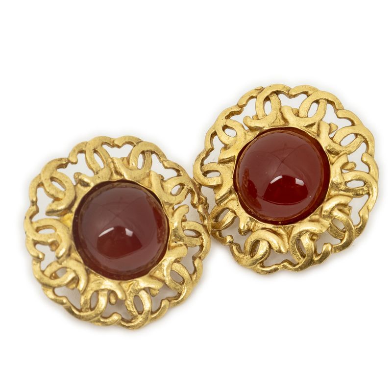 Chanel CC Logo Round Clip Type Earrings Orange Gold Plated Orange