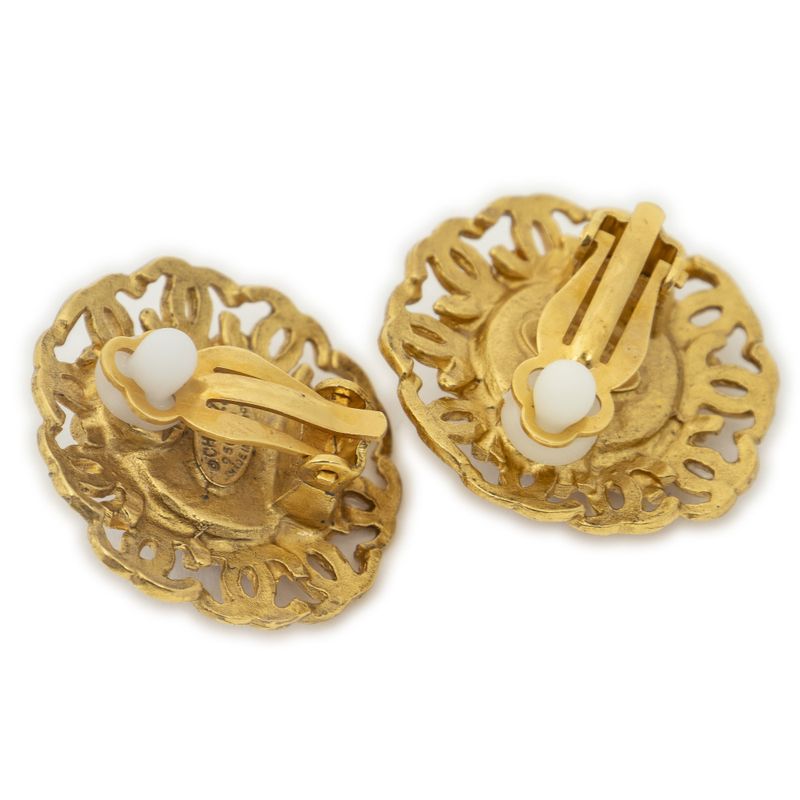 Chanel CC Logo Round Clip Type Earrings Orange Gold Plated Orange