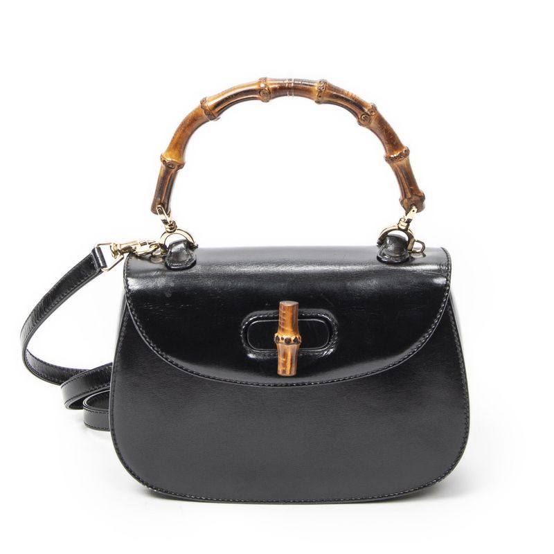 Gucci Small Bamboo Top Handle Flap Black Slim Skirt Fusskin Leather