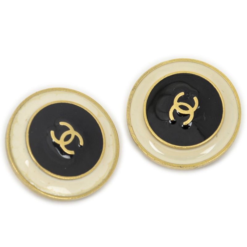 Chanel Large CC Round Clip on Earrings Black Gold Plated