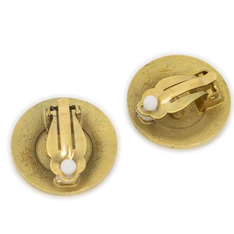 Chanel Large CC Round Clip on Earrings Black Gold Plated