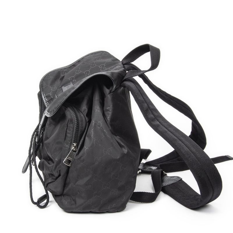 Gucci Double Pocket Drawstring Backpack Black GG Nylon Canvas