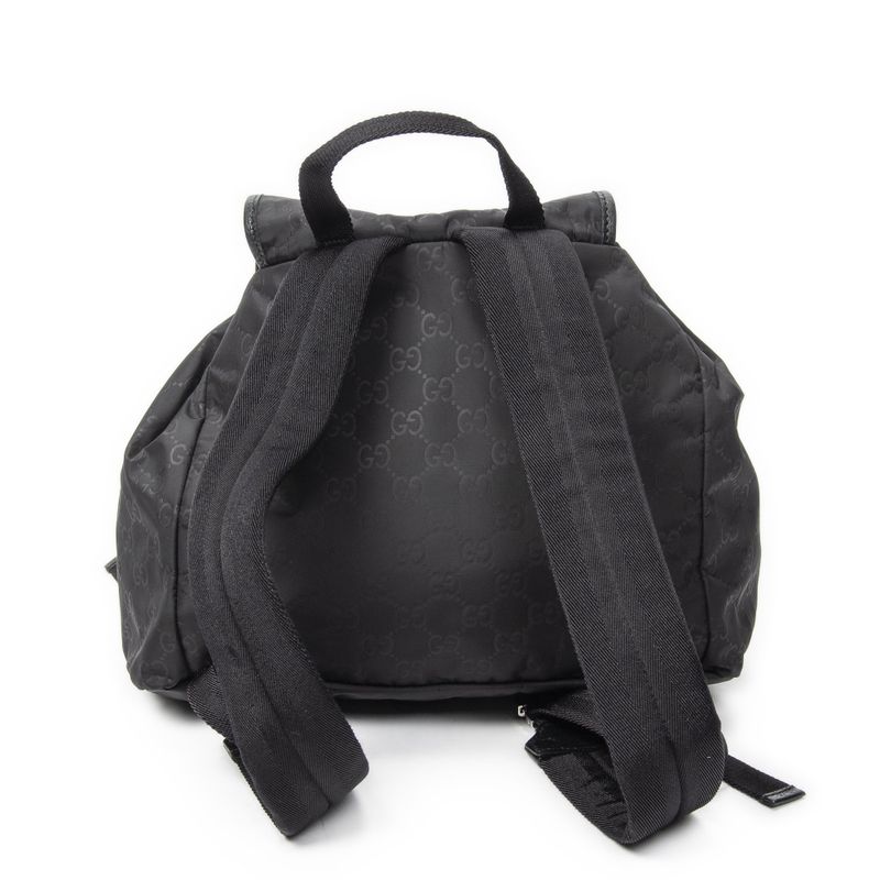 Gucci Double Pocket Drawstring Backpack Black GG Nylon Canvas