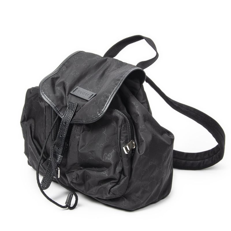 Gucci Double Pocket Drawstring Backpack Black GG Nylon Canvas